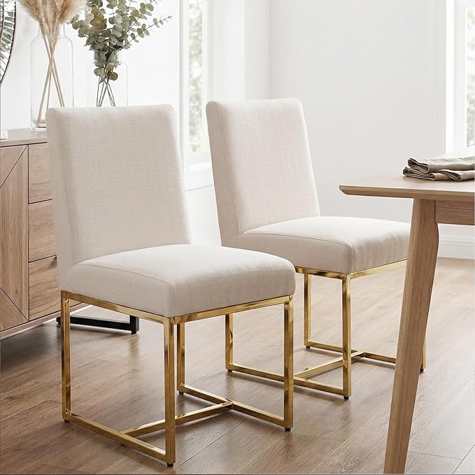 HNY Modern Dining Chairs Set of 2, Upholstered Linen Dining Room Chairs with Ergonomic Back & Polished Gold Metal Frame for Home, Kitchen, Apartment, Cream