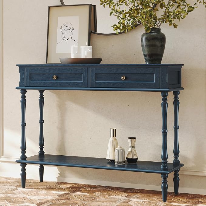 ARTPOWER Console Table for Entryway with 2 Drawers-Minimal Assembly,Retro Entryway Table with Storage Cabinets and Open Shelf,Narrow Long Couch Table Behind Sofa for Living Room,Foyer,Hallway,Blue
