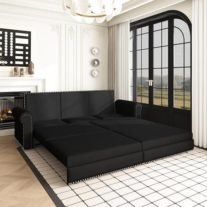 93.7" King Pull Out Sofa Bed, Velvet Sleeper Sofa Couch, 3 in 1 Convertible Futon Couches for Living Room, Small Space, Apartment, Office, Bedroom, Modern Rivet Armrest, Black