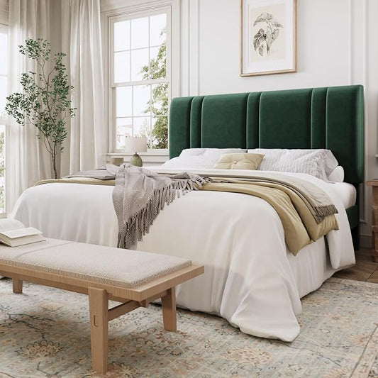 SHA CERLIN Full Size Platform Bed Frame, Velvet Upholstered Bed with Adjustable Headboard, Vertical Channel Tufted Design, Sturdy Wood Slat Support, No Box Spring Needed, Easy Assembly, Green