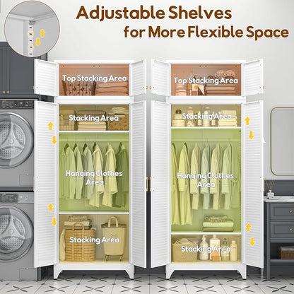 UNICOLY Armoire Wardrobe Closet with Doors, 86'' Wardrobe Cabinet with Hanging Rod, Metal Closet with 2 Adjustable Shelves for Bedroom School, Employee, Gym, White, Shipped in 2 Packages