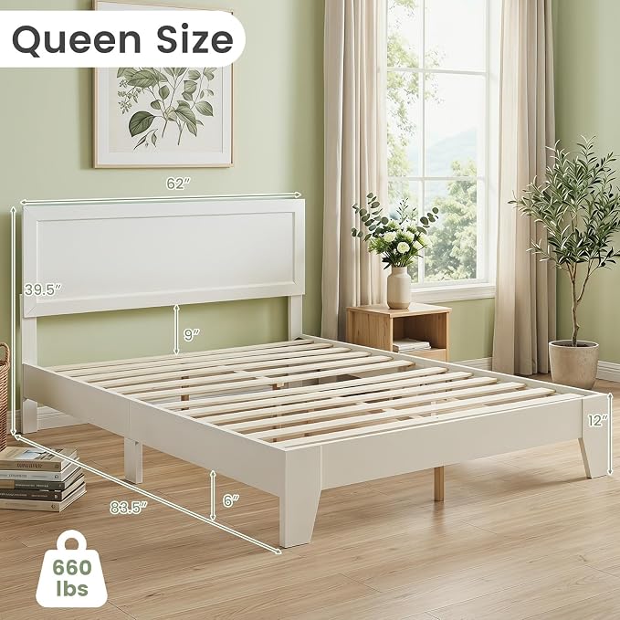 KOMFOTT Queen Size Bed Frame, Modern Platform Bed with Headboard, Wooden Slat Support Mattress Foundation, Under-Bed Storage Space, No Box Spring Needed(White,Queen)