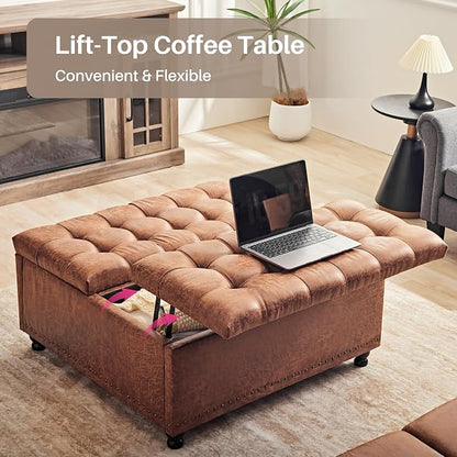 Redlife 35 Inch Large Square Storage Ottoman, Storage Ottoman Coffee Table with Lift Top Faux Leather Ottomans Square Footrest Oversized Upholstered Coffee Table for Living Room (Brown Leathaire)