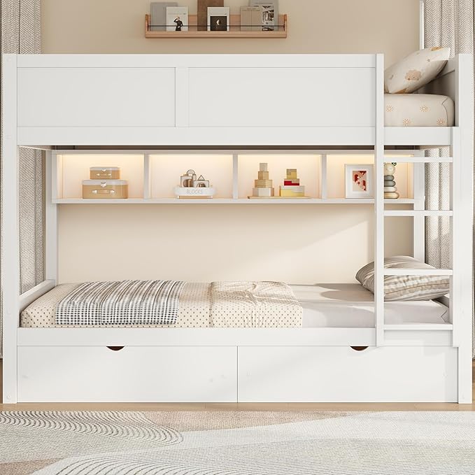 Wood Bunk Bed Full XL over Full XL Size with Built-in Storage Cabinets, 2 Drawers and LED Light, Versatile Bunk Bed Frame with Ladder and Guardrail for Kids Teens Adult, Maximize Space (White-1.13)