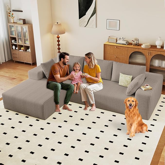 96" Modular Sectional Sofa, Modern Corduroy Cloud Couch with Deep Seat, Boneless Couch Upholstered 3-Seater L-Shaped Sofa for Living Room, No Assembly Required (Camel, Left-Facing Chaise)