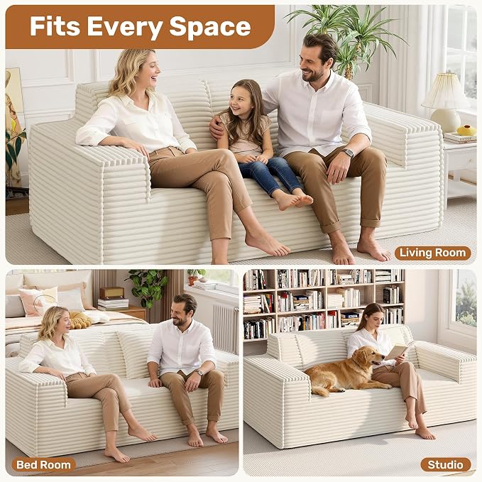 75'' Modern Cloud Loveseat Sofa Set of 2, No Assembly Required Comfy Deep Seat Couches 2 pcs for Living Room, Bedroom, Apartment (Corduroy-Beige)