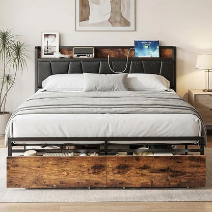 LIKIMIO Full Size Bed Frame with 2 Drawers and Charging Station | Platform Bed with Upholstered Storage Headboard, No Box Spring Needed, Easy Assembly, Sturdy, Industrial Brown and Black