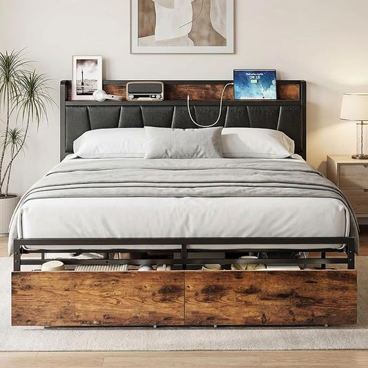 LIKIMIO Full Size Bed Frame with 2 Drawers and Charging Station | Platform Bed with Upholstered Storage Headboard, No Box Spring Needed, Easy Assembly, Sturdy, Industrial Brown and Black