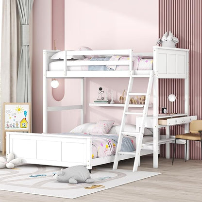 Ball & Cast Twin Over Full Bunk Bed with Safty Guardrail & Stairway,Heavy Duty Wood Loft Bedframe W/Desk & Drawers,Easy Assembly,Versatile Functional Bedroom Furniture Set for Boy Girl Teens,White