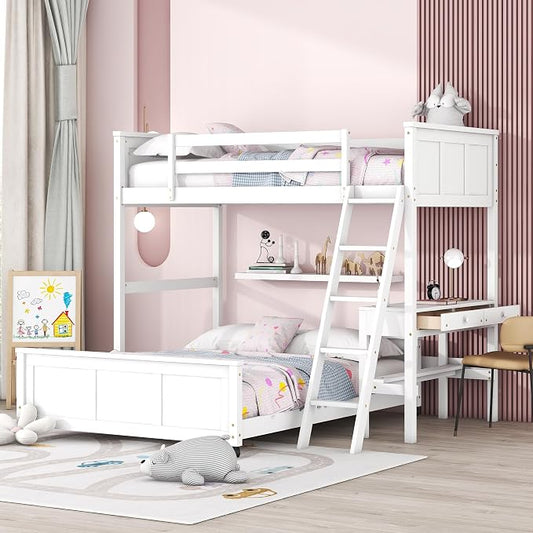 Ball & Cast Twin Over Full Bunk Bed with Safty Guardrail & Stairway,Heavy Duty Wood Loft Bedframe W/Desk & Drawers,Easy Assembly,Versatile Functional Bedroom Furniture Set for Boy Girl Teens,White