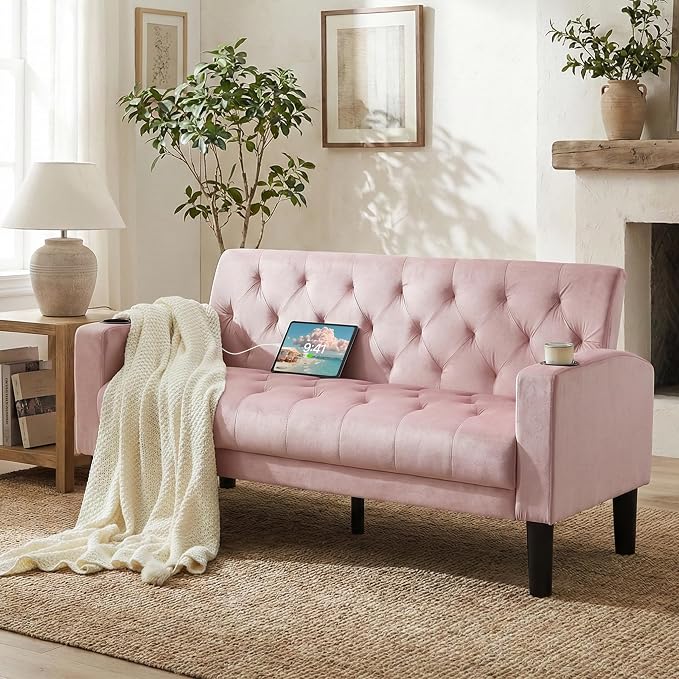 TYBOATLE 62" W Loveseat Sofa w/ 2 USB Charger Ports and 2 Cupholders, Mid-Century Modern Tufted Pink Velvet Small Love Seat Couches for Compact Living Room, Bedroom, Apartment, Dorm