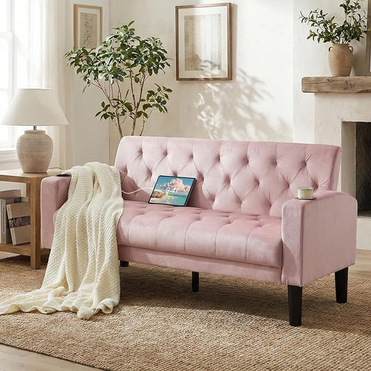 TYBOATLE 62" W Loveseat Sofa w/ 2 USB Charger Ports and 2 Cupholders, Mid-Century Modern Tufted Pink Velvet Small Love Seat Couches for Compact Living Room, Bedroom, Apartment, Dorm