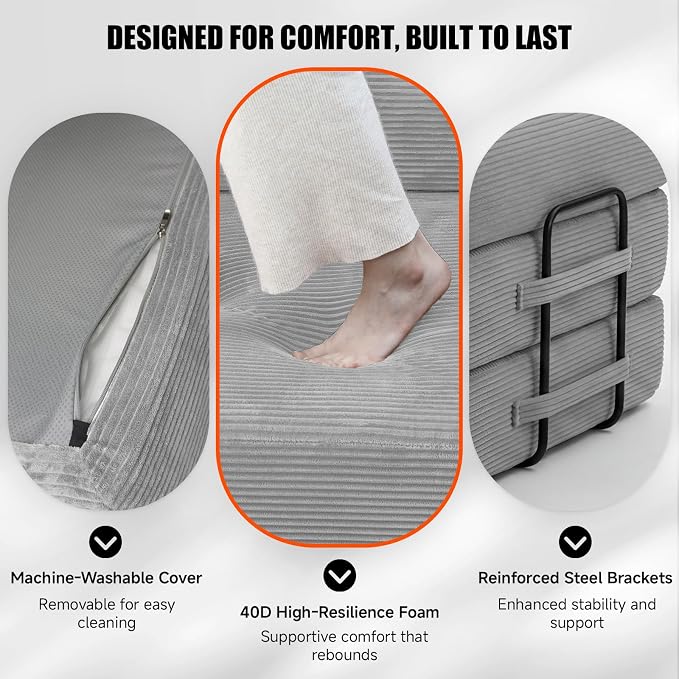 79" Convertible Sleeper Sofa Bed, Corduroy Boneless Fold-Out Couch in a Box, 4-in-1 Loveseat/Futon Couch, High-Density Foam, No Assembly, Side Pockets, 2 Pillows for Small Spaces, Light Grey