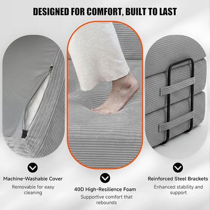 79" Convertible Sleeper Sofa Bed, Corduroy Boneless Fold-Out Couch in a Box, 4-in-1 Loveseat/Futon Couch, High-Density Foam, No Assembly, Side Pockets, 2 Pillows for Small Spaces, Light Grey
