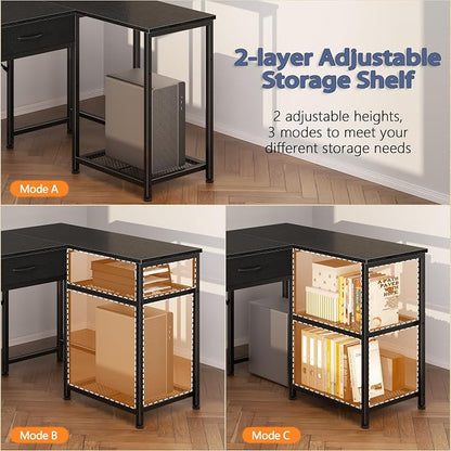 Korfile 57 Inch L Shaped Computer Desk with Power Outlets, Reversible Home Office Desk with 4 Fabric Drawers & 2 Adjustable Mesh Shelves, Corner Study Work Desk with Larger Storage, Black