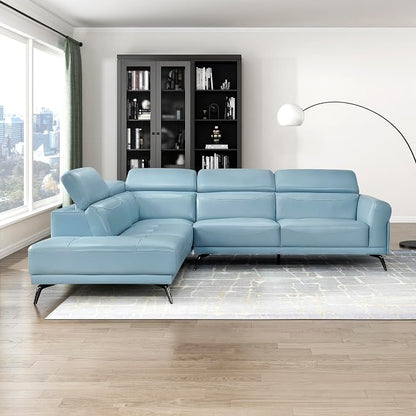 Lexicon L-Shaped Sectional Couch with Left Chaise, Top Grain Leather Match Sectional Sofa, Adjustable Headrests, Black Chrome Metal Legs, High-Density Cushions, Stitching, for Living Room, Blue