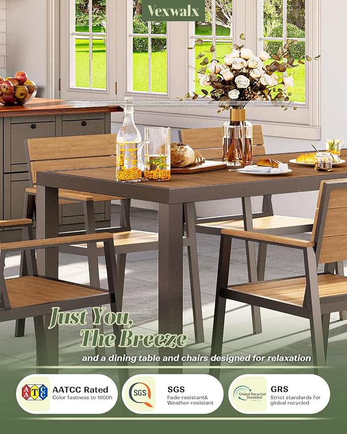 Vexwalx 5-Piece Outdoor Dining Set, Aluminum Dining Table Set for 4, Patio Table and Chairs Set with Umbrella Hole, All Weather HDPS Outdoor Table and Chairs for 4 (Gray-Teak)