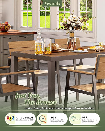 Vexwalx 5-Piece Outdoor Dining Set, Aluminum Dining Table Set for 4, Patio Table and Chairs Set with Umbrella Hole, All Weather HDPS Outdoor Table and Chairs for 4 (Gray-Teak)