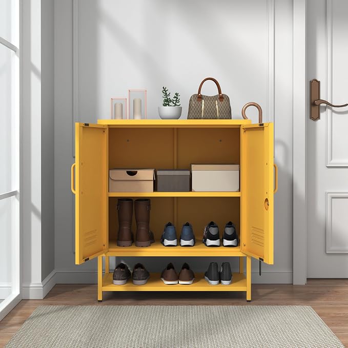 Yellow Lockable Metal Shoe Cabinet, Freestanding Accent Storage Cabinet with Adjustable Shelves, Multipurpose Storage Rack for Hallway Entryway Living Room 33" H X 29.5" W X 13.8" D