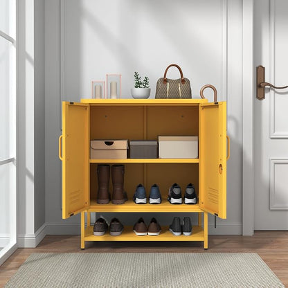 Yellow Lockable Metal Shoe Cabinet, Freestanding Accent Storage Cabinet with Adjustable Shelves, Multipurpose Storage Rack for Hallway Entryway Living Room 33" H X 29.5" W X 13.8" D