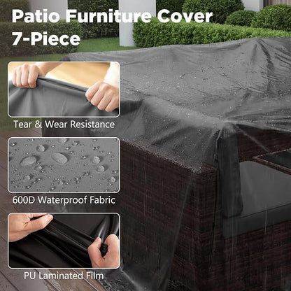 LHBcraft 7 Pieces Outdoor Wicker Rattan Patio Furniture with Rain Cover, Wicker Rattan Outdoor Sectional Sofa Set with Coffee Table & Gery Cushions for Garden, Poolside