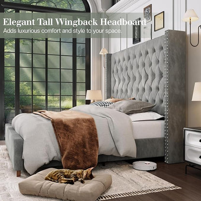 Jocisland Queen Bed Frame 61.4" Tall Headboard Velvet upholstered,Cream | Full Back Support Wingback Headboard,Deep Button Tufted Hand-crafted Pleats,Squeak-Free Sleep,Solid Wood Legs,Easy Assembly