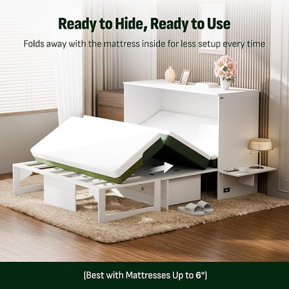 Softa Queen Murphy Bed Cabinet with 4" Tri-Fold Mattress, Storage Drawer & Charging Station, 1200 Lb Heavy Duty Wood Wall Bed with Fold-Down Desk for Guest Room & Home Office, No Box Spring Needed