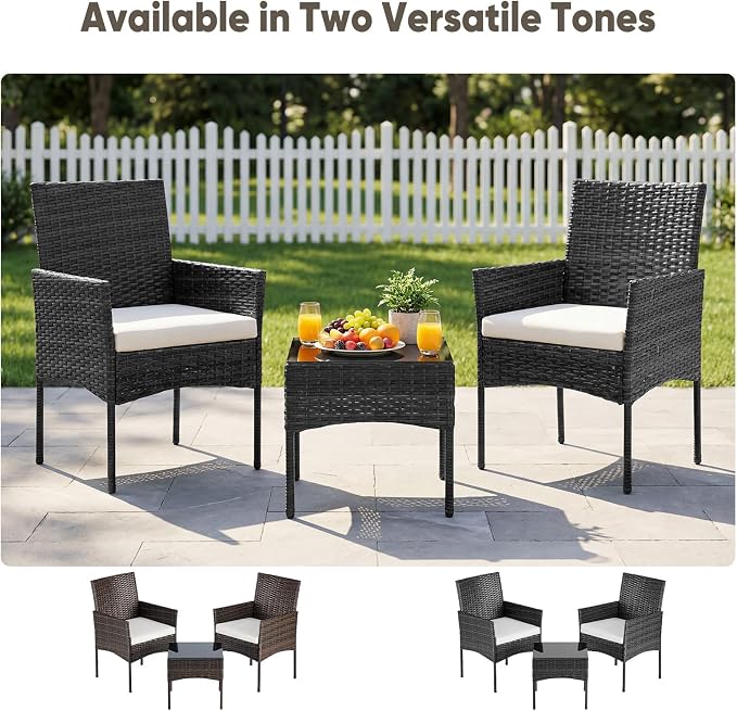 DUMOS 3 Piece Patio Furniture Set, All-Weather Outdoor Wicker Chairs with Removable Cushions & Tempered Glass Table, Small Bistro Set for Porch, Balcony, Lawn, Backyard Black