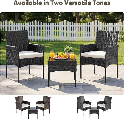 DUMOS 3 Piece Patio Furniture Set, All-Weather Outdoor Wicker Chairs with Removable Cushions & Tempered Glass Table, Small Bistro Set for Porch, Balcony, Lawn, Backyard Black