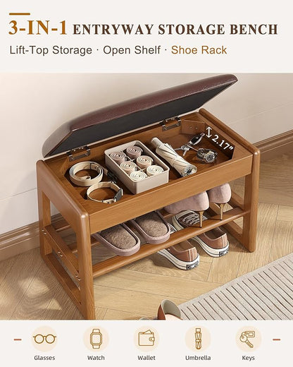 IUNVR Shoe Rack Bench with Hidden Storage, 2-TierSolid Rubberwood Entryway Bench with SoftLeather Cushioned Seat & Flip-Top Storage,330lbs Capacity, Wooden Shoe Organizer forHallway, Closet, Foyer