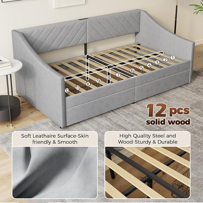 Twin Size Daybed with 2 Storage Drawers, Upholstered Daybed Frame with Charging Station, Heavy Duty Sofa Bed for Bedroom, Living Room, No Box Spring Needed,Easy Assembly