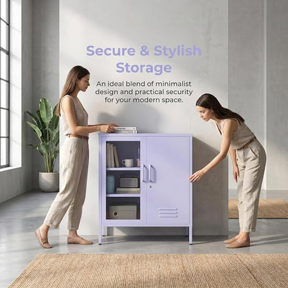 Purple Lockable Glass & Metal Door Storage Cabinet, 3-Tier Freestanding Locker Organizer with 2 Adjustable Shelves, Multipurpose Unit for Home, Entryway, Hallway, 33" H x 29.5" W x 13.8" D