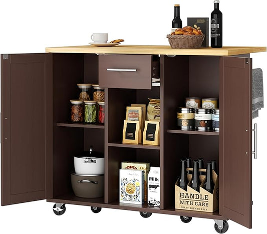 JY QAQA 42" Kitchen Island with Storage on Wheels, Rolling Table with Drop Leaf, Drawers, Cart Handle for Towel Rack or Free Movement, Brown