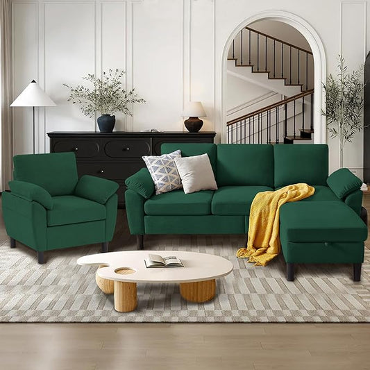 3 Piece Convertible Sectional Sofa Set, Modern Linen Small L Shaped Couch with Reversible Ottoman and Accent Chair, 3-Seat Sofa Couches for Living Room, Office, Apartment, Green