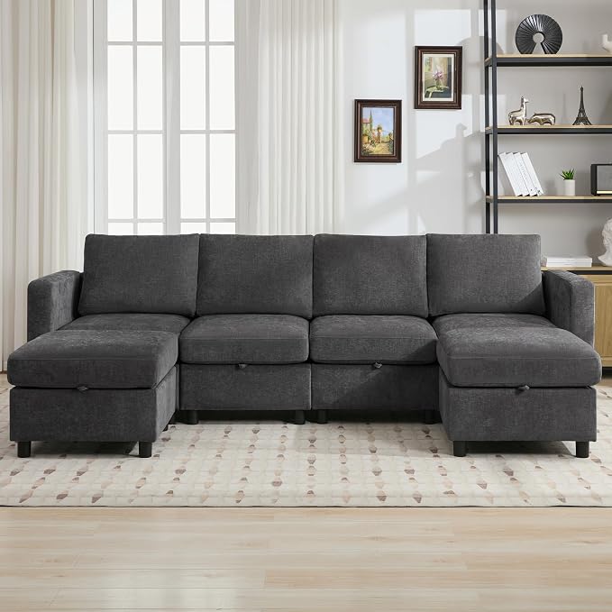 WUTUTUEE 25" Square Storage Ottoman for Modular Couch, Convertible Footrest with Hidden Compartment, Chenille Upholstered Coffee Table & Extra Living Room Seating, Dark Grey