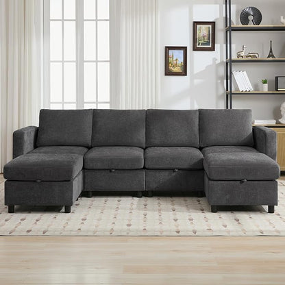 WUTUTUEE 25" Square Storage Ottoman for Modular Couch, Convertible Footrest with Hidden Compartment, Chenille Upholstered Coffee Table & Extra Living Room Seating, Dark Grey