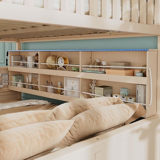 Merax Full Over Queen Bunk Bed,Wood bunk Bed with LED,Bed with Integrated Shelving, Color-Changing Lights and Pegboard, Full XL Over Queen, Beige
