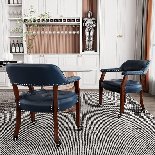 LEEMTORIG Set of 2 Dining Chairs with Casters and Arms, Large Rolling Dining Chairs with Wheels, Accent Poker Table Chairs, Solid Wood Boss Caption's Chairs, Espresso Legs & Dark Blue PU SY-318-LB02