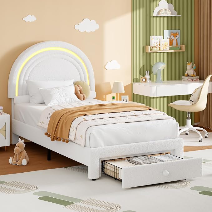 GarveeHome Twin Upholstered LED Bed Frame - with Storage Drawer and Rainbow Headboard, Berber Fleece Princess Platform Bed for Kids, Solid Wood Slat Support, No Box Spring Needed, Easy Assembly, White