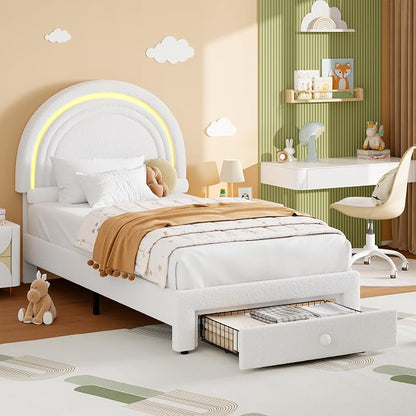 GarveeHome Twin Upholstered LED Bed Frame - with Storage Drawer and Rainbow Headboard, Berber Fleece Princess Platform Bed for Kids, Solid Wood Slat Support, No Box Spring Needed, Easy Assembly, White