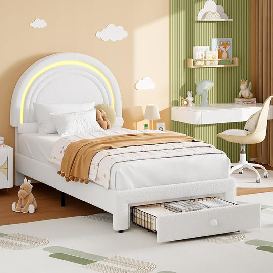 GarveeHome Twin Upholstered LED Bed Frame - with Storage Drawer and Rainbow Headboard, Berber Fleece Princess Platform Bed for Kids, Solid Wood Slat Support, No Box Spring Needed, Easy Assembly, White