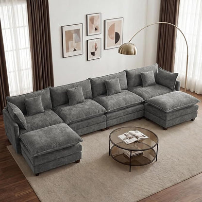 148” Modular Sectional Sofa, U Shaped Cloud Couch with Movable Ottoman, Comfy Chenille Deep Seat Sofa with Throw Pillows, 6 Seat Modern Couches for Living Room Bedroom Apartment, Grey