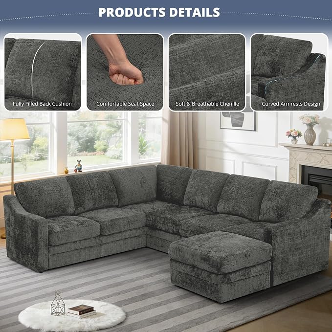 115 Inches Chenille Sectional Sofa with Storage Ottoman, Modern 7 Seats Corner Couch with Deep Seat, Comfy Modular U Shaped Couch with Comfortable Cushions for Living Room, Grey