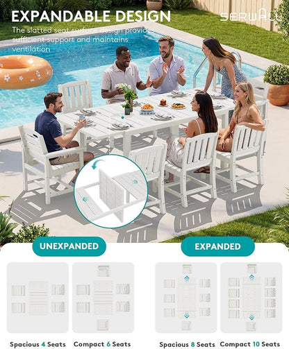 SERWALL Outdoor Patio Dining Set for 8, White | 60" - 83" Expandable Outdoor Dining Table and 8 HDPE Chairs, All Weather Material Outdoor Furniture Set Backyard, Garden