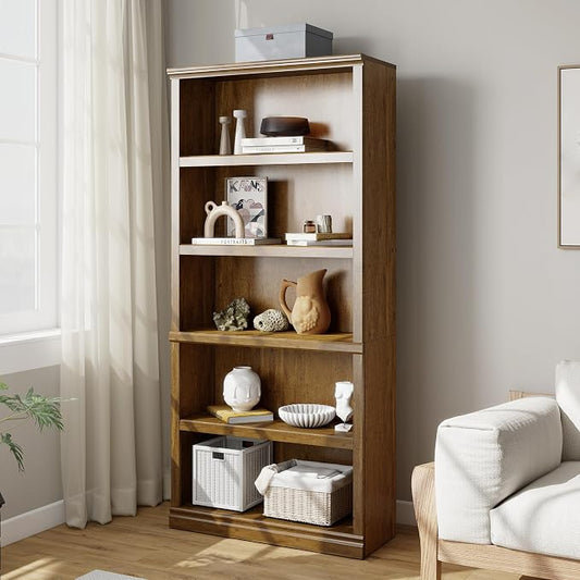 Bevfint 70 in Tall Bookcase, White Bookshelf Open Storage 5-Tier Shelves, 33 inch Wide Floor Standing Indoor Furniture, Book Cases for Home School Library Office Bedroom Kids, Vintage Oak 5 Tiers