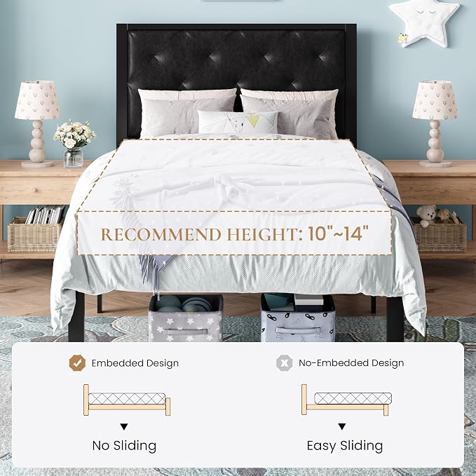 SHA CERLIN Twin Size Metal Bed Frame with PU Tufted Headboard, Black | Modern Design Heavy-Duty Platform Bed, No Box Spring Need, PU Leather Upholstery, Noise Free, Easy Assembly