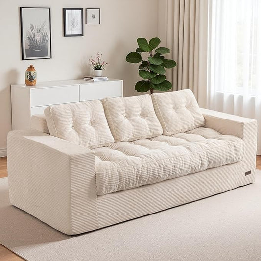 MAXYOYO Oversized Loveseat Sofa Couch, Upholstered Bean Bag Chair Cloud 3-Seat for Adults, Boneless Couch with Tufted Cushion & Pillows, Sofa in A Box, No Assembly Required, Beige