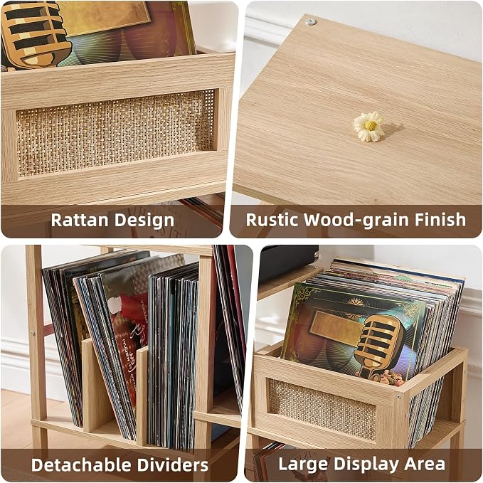 LELELINKY Record Player Stand, Natural Oak Wood Record Holder with Vinyl Storage Holds up to 300+ Albums, 3-Tier Rattan Media Table with Vinyl Display Shelf, Record Storage Cabinet for Living Room