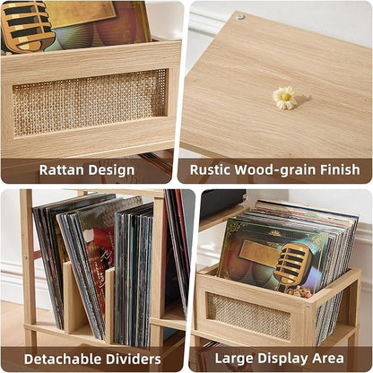 LELELINKY Record Player Stand, Natural Oak Wood Record Holder with Vinyl Storage Holds up to 300+ Albums, 3-Tier Rattan Media Table with Vinyl Display Shelf, Record Storage Cabinet for Living Room
