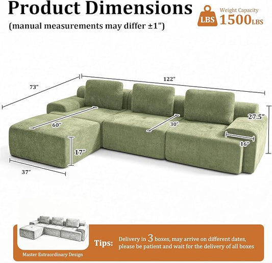 122" L-Shaped Modular Sectional Sofa, Oversized Boneless Cloud Couch for Living Room with Extra Deep Seat & High Back, Tool-Free No Assembly, Soft Chenille (Olive Green, 122 inch-L Shaped（3+1）)